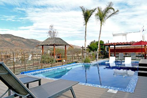 a swimming pool with palm trees and a building at Vides del Rio Suites in Valle de Guadalupe
