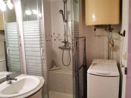 une salle de bain avec une douche, des toilettes et un lavabo dans l'établissement Appartement 2 Pièces avec Cabine, Loggia et Parking Privé - 4 Couchages, Marseillan - FR-1-326-723, à Marseillan