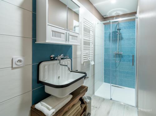 een badkamer met een wastafel en een douche bij Appartement Grenat Bourg d'Oisans in Le Bourg-dʼOisans