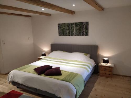 ein Schlafzimmer mit einem großen Bett mit zwei Kissen darauf in der Unterkunft Appartement Fischl in Jenbach