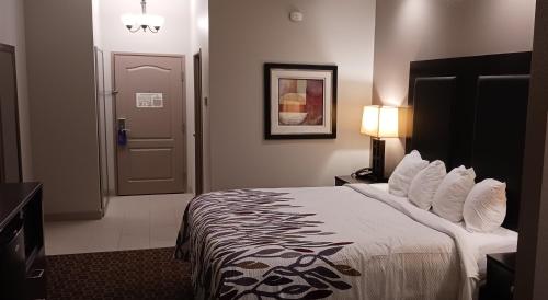 um quarto de hotel com uma cama e uma porta em Red Roof Inn & Suites Longview em Longview