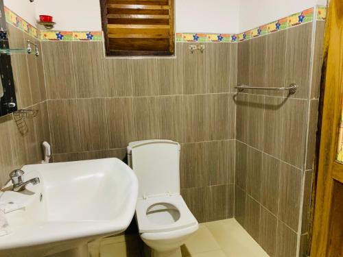 a bathroom with a white toilet and a sink at Rock View Hostel Ella in Ella