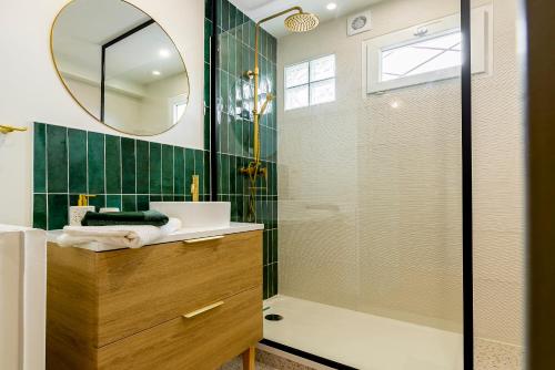 a bathroom with a shower and a sink and a mirror at Le Jouvence Cozy - Confort - Zen - Parking gratuit in Dijon