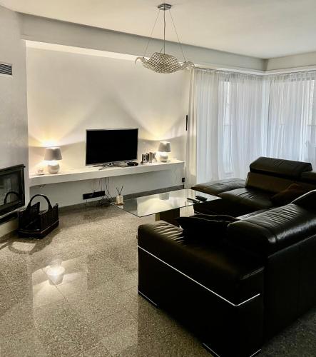 a living room with a black leather couch and a television at Koliba apartments in Bratislava