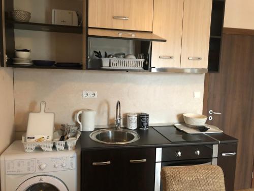 a kitchen with a sink and a washing machine at Palace De Luxe - Apartments in Pomorie