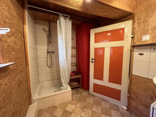 a bathroom with a shower and a bath tub at Ferienwohnung "An der schönen Bahra" 