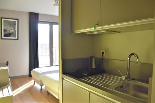 eine Küche mit einem Waschbecken und ein Bett in einem Zimmer in der Unterkunft Adonis Lyon Dock Ouest in Lyon