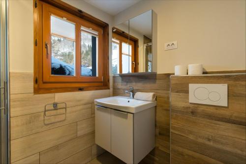a bathroom with a sink and a mirror at Mostnica Cottage in Bohinj