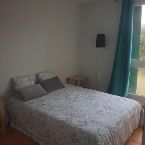- une chambre avec un lit doté d'un rideau bleu et d'une fenêtre dans l'établissement appartement 3 pièces, à Saint-Jean-de-Luz