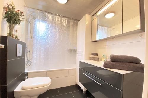 La salle de bains est pourvue de toilettes, d'un lavabo et d'une douche. dans l'établissement Work & Stay in Kleve, à Clèves