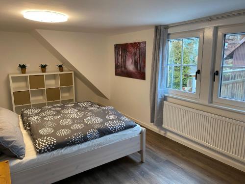 a bedroom with a bed and a window at Ferienhaus Am Riedbach - Birstein in Birstein