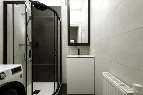 y baño con ducha y lavamanos. en Apartament blisko Wawelu, en Cracovia