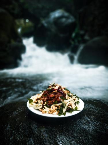 a plate of food on a table next to a waterfall at Mystic Mayapott, Thekkady in Thekkady