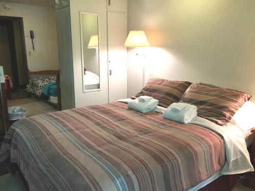 a bedroom with a bed with two pillows on it at #09 - Snowline Lodge in Glacier