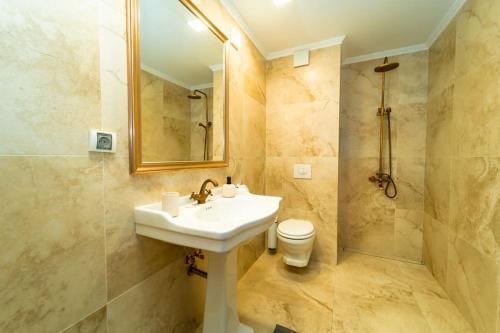 La salle de bains est pourvue d'un lavabo, de toilettes et d'un miroir. dans l'établissement Lux Apart Karlovo, à Karlovo