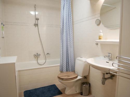 een badkamer met een toilet, een wastafel en een douche bij Badhotel Callantsoog in Callantsoog
