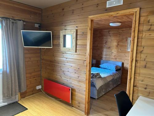 een slaapkamer met een bed en een tv aan de muur bij Southernwood - Garden Lodge 3 in Didcot