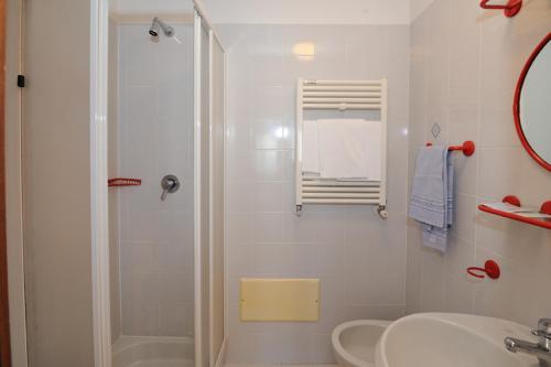 a white bathroom with a shower and a sink at Hotel Elena in Stresa