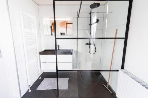 baño con ducha y puerta de cristal en Proosdij B055A, en Vinkeveen