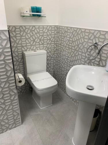 a bathroom with a white toilet and a sink at Lazy Waves Boutique B&B in Newquay