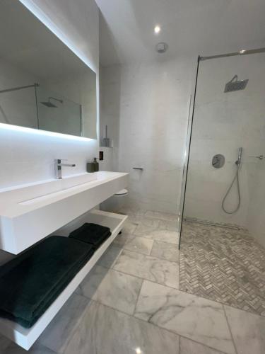 een witte badkamer met een wastafel en een douche bij Les Trois Cyprès in Blois
