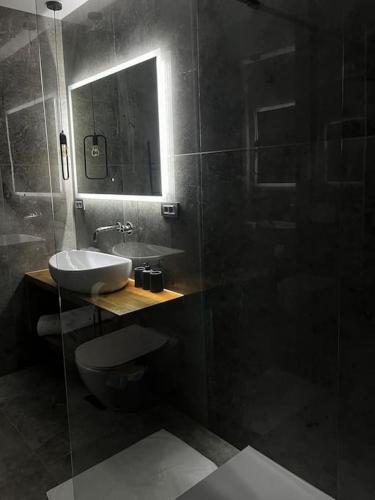 a bathroom with a sink and a toilet and a mirror at Villa Besca with heated infinity pool in Baška