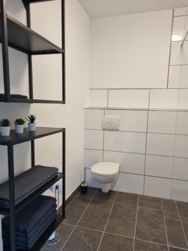 a bathroom with a toilet and a shelf with plants at Ferienwohnung Euchen in Würselen