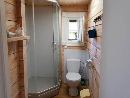 La petite salle de bains est pourvue d'une douche et de toilettes. dans l'établissement Namelis su ofuro vonia prie Plateliu ežero, à Medsėdžių