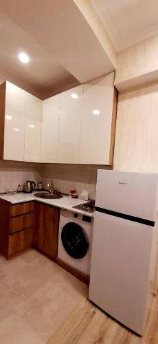 La cuisine est équipée d'un réfrigérateur blanc et d'un évier. dans l'établissement Apartment in Tbilisi, à Tbilissi