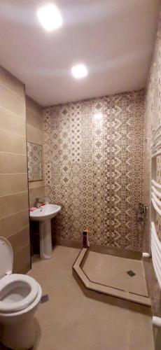 La salle de bains est pourvue de toilettes et d'un lavabo. dans l'établissement Apartment in Tbilisi, à Tbilissi