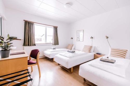 a living room with two beds and a desk at Eldá apartments in Myvatn