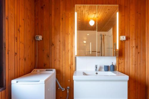 a bathroom with a white sink and a mirror at Rudnica House in Bohinj
