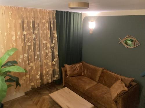 ein Wohnzimmer mit einem Sofa und einem Tisch in der Unterkunft Apartament Drochaczyński in Ostrowo