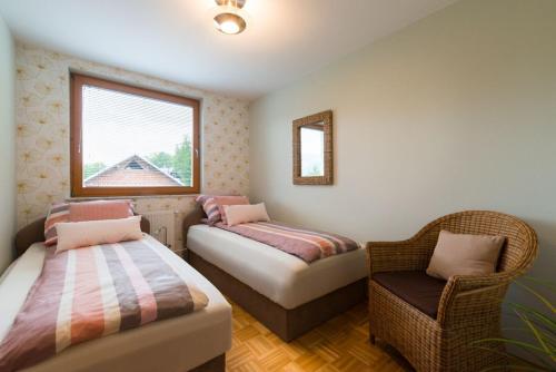 Ribno的住宿－Sava View 8，一间卧室设有两张床、一把椅子和一个窗户。