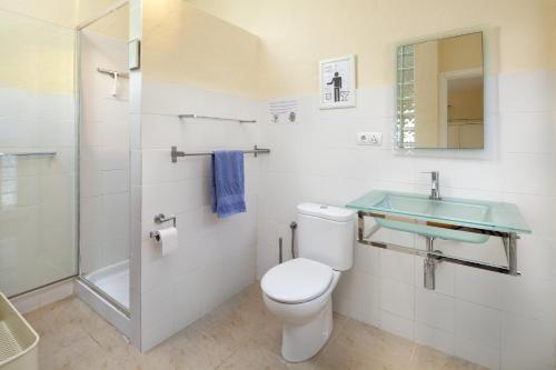 ein Badezimmer mit Toilette, Waschbecken und Dusche in der Unterkunft Casita Linda in Cómpeta