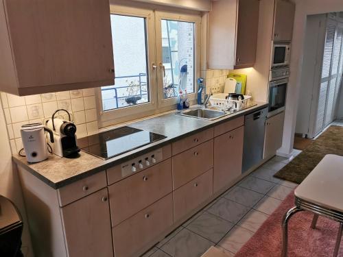 eine Küche mit einer Spüle und einer Theke in der Unterkunft Haus am Rhein Köln in Köln
