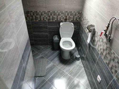a small bathroom with a toilet in a stall at Chata Dalma in Vígľaš