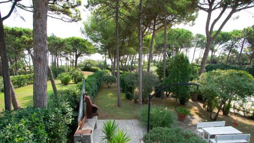 un jardin avec des bancs et des arbres ainsi qu'un sentier dans l'établissement Villa Scultura Seaview, à Lignano Sabbiadoro