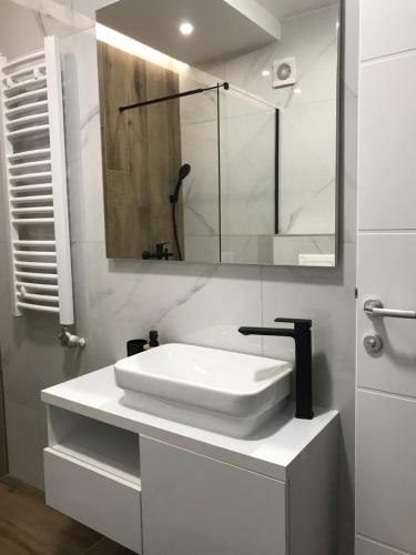 uma casa de banho branca com um lavatório e um espelho em Central Lakeview Apartment, East Sarajevo em Lukavica