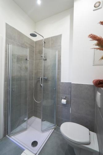 a bathroom with a shower and a toilet at Coole Altbau-WE 1-ZKB Terrasse Worms Zentrum in Worms
