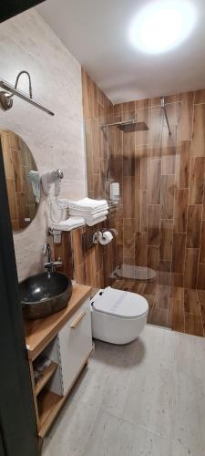 a bathroom with a sink and a toilet and a shower at Casa Pe Vale in Râşnov