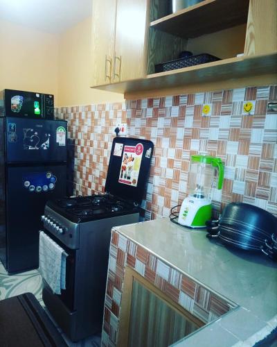 een keuken met een fornuis en een blender op een aanrecht bij Sassy's Hub in Kakamega
