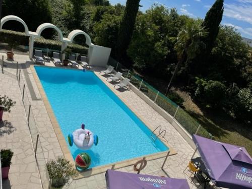 a large swimming pool with a inflatablelatableigator in the middle at Ibis Styles Cognac in Châteaubernard
