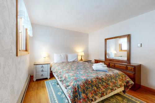 um quarto com uma cama com uma cómoda e um espelho em Best Views of Mt Washington em Bartlett
