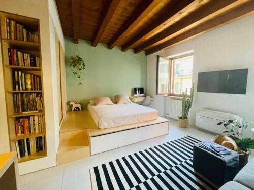 una camera con letto, TV e libri di San Nazaro 47 a Verona