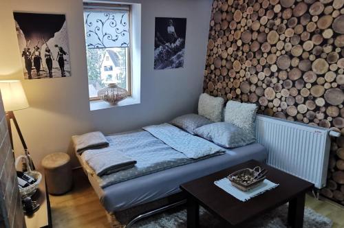 Apartman Spirit of Vlašić في فلاسيتش: غرفة فيها سرير وطاولة فيها