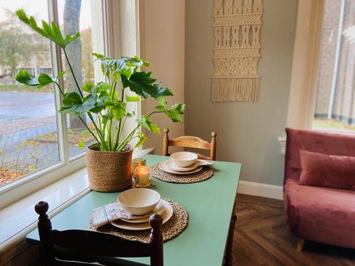 een groene tafel met een plant en een stoel bij De Oude Pastorie in Bunschoten