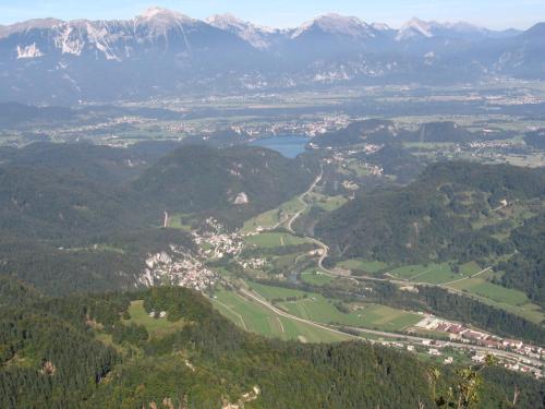 an aerial view of a valley with mountains and a lake at Apartments Gregorc in Bled