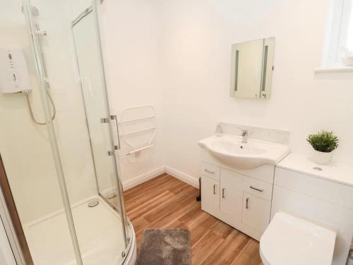 a bathroom with a shower and a sink at North View Cottage next to Hadrian's Wall in Gilsland