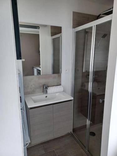 une salle de bain avec un lavabo et une douche dans l'établissement Mini villa a Lecci, Proche de la mer, à Lecci